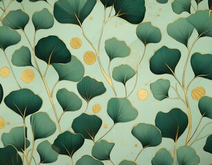soft moss green eucalyptus leaf pattern with scattered gold ginkgo leaves and delicate speckled accents creating calm elegant botanical background for interior or textile design