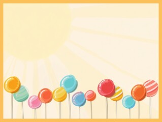 Many colorful lollipops and big yellow sun with sun rays on yellow, kids childhood concept with place for text, background for web and mobile apps