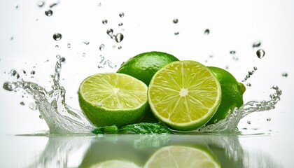vibrant green whole halved limes with pulp dynamic water splashes droplets on a white background high key studio light commercial photography concept for beverage advertising