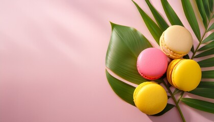 vibrant pink and yellow macarons styled with lush green tropical leaves on a pastel backdropmperfect for sweet indulgence and visual delight