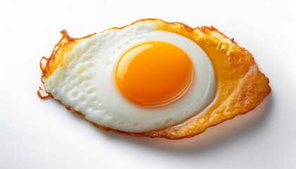 a single perfectly cooked sunny side up fried egg with a vibrant orange yolk and crispy white isolated on a bright white background with copy space culinary perfection