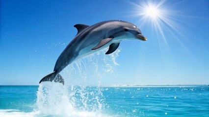 Naklejka premium Playful Dolphin Leaping Through Ocean Water Under Bright Sun