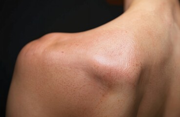 Close up of human shoulder skin showing stretch marks and freckles. Natural body texture with small imperfections visible. A part of male upper body.