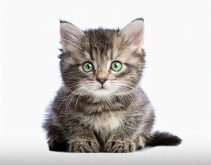 Obraz premium a very small fluffy juvenile grey tabby kitten with bright emerald green eyes and a pink nose sits calmly on a transparent studio background with copy space heartwarming pet companionship
