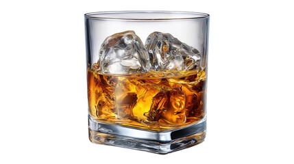 Glass of whiskey with ice cubes illustrating luxury refreshment and relaxation.

