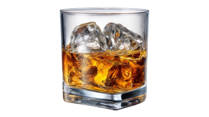 Glass of whiskey with ice cubes illustrating luxury refreshment and relaxation.

