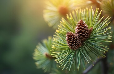 Fototapeta premium Close-up of pine cones on a branch with soft sunlight. Green pine needles surround small brown cones. Evergreen tree detail in forest nature.