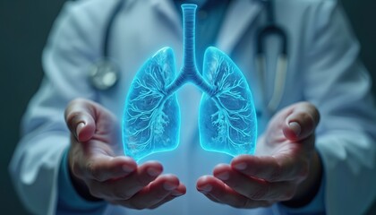 Doctor holds glowing blue lungs in hands. Medical professional inspects human organ, respiratory system health. Science, care, and disease awareness concept.