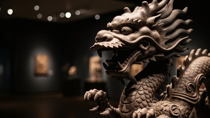 Ancient dragon sculpture on display in a modern art gallery setting for Appreciate a Dragon Day