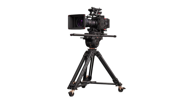 Professional movie camera on tripod for film production and broadcasting concepts.

