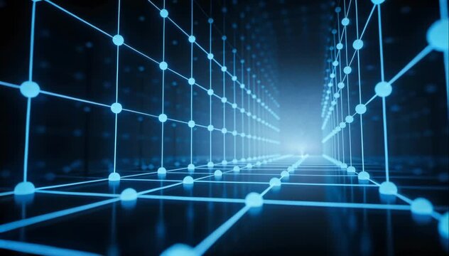 futuristic abstract cyber security background featuring a 3d blue glowing digital wireframe grid tunnel and neural network nodes for big data architecture and cloud computing