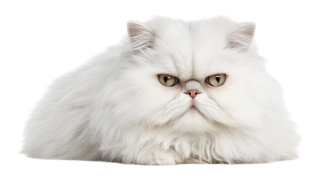Fluffy white Persian cat lying down with serious expression.

