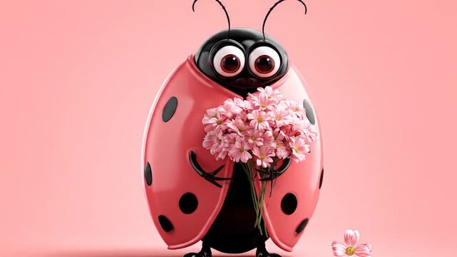 Cartoon ladybug holding flowers on pink background digital illustration