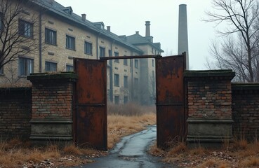 Rusted open gate leads to abandoned brick building and tall chimney. Overgrown dry grass lines wet path. Gloomy weather over derelict industrial site.