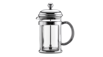Glass french press coffee maker with stainless steel plunger for brewing.

