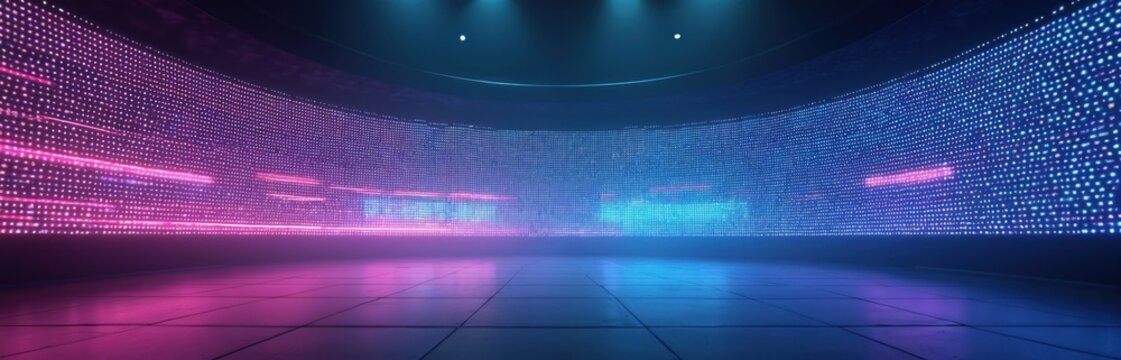 Large concave LED screen with neon blue and pink dot lights. Digital display wall illuminated for concert or stadium show. Empty stage with glowing electronic panel for event.