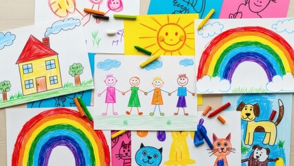 Vibrant children's artwork with colorful drawings and crayons on table for Children’s Week