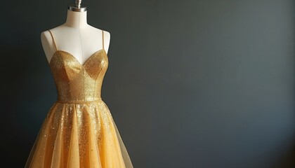 Sparkling gold sequin dress on mannequin, sleeveless spaghetti straps, sweetheart neckline, full skirt. Formal evening wear for gala or prom, elegant ballgown for special occasions, luxury fashion.