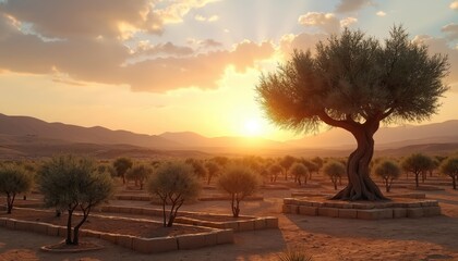 Naklejka premium Olive trees grow on arid land at dawn. A plantation sits in a dry desert valley. Mountains rise in distance. Sunlight warms green leaves. Nature thrives.