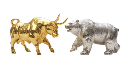Golden bull and silver bear statues symbolizing stock market trends.

