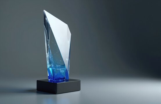 Modern crystal trophy award with blue base on dark background. Clear glass object represents achievement, victory, success, and competition. Best prize for winners.