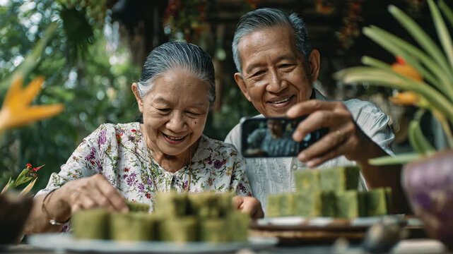 Smiling senior Indonesian couple enjoying quality time together on a terrace. Woman arranges traditional kue lapis dessert, while man captures the moment with a smartphone.