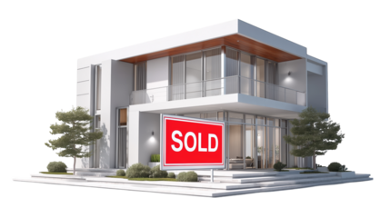 Modern white residential house with red sold sign for real estate.

