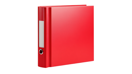 Red office ring binder file folder standing upright for document organization.

