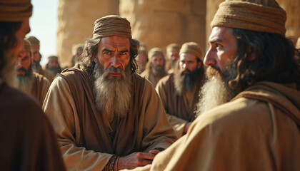 Fototapeta premium Men in robes and headdresses outdoors. They appear serious as they gather in a group. Their beards and attire suggest ancient Israelite culture.