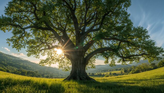 Majestic ancient oak tree standing in a green meadow with sun rays bursting through the branches under a blue sky