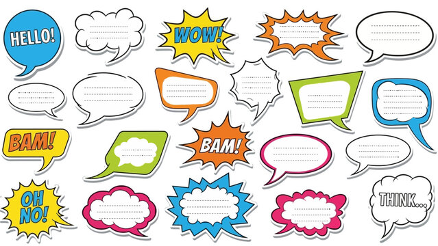 Decorative Comic Speech Bubbles with Blank Spaces and Exclamations Hello, Wow, Bam, Oh No, Think, isolated white background