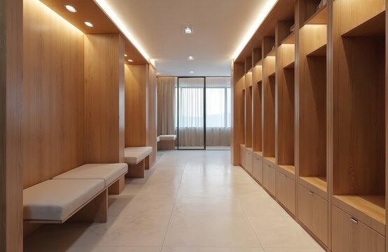 Clean contemporary locker room with light wood lockers and cushioned benches. Bright interior hallway with natural light and soft overhead illumination. Empty modern changing space.