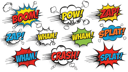 Comic Speech Bubbles and Action Sound Effects Set with Boom, Zap, Wham, Splat, Pow, Crash on Halftone White Background.
