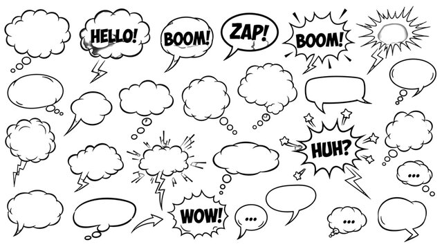 Extensive Monochrome Comic Speech Bubbles and Thought Bubbles Collection with Hello, Boom, Zap, Wow, Huh, isolated white background.
