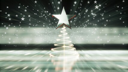 Magical Christmas tree with glowing star and sparkles shining brightly