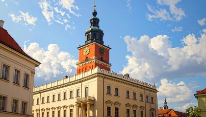 Fototapeta premium Cityscape featuring the historic Town Hall Tower in Poznan against a cloudy sky