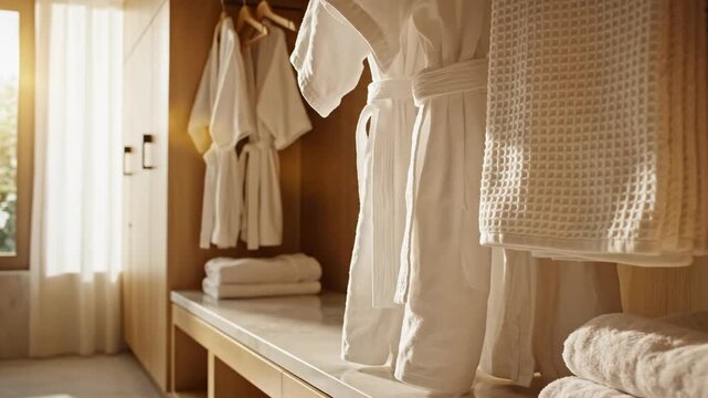 Soft rays of sunlight filter through large windows, creating a warm ambiance in a minimalist changing room adorned with plush spa robes and neatly arranged towels, promoting relaxation and comfort.