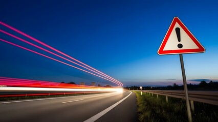 Warning sign on a highway at dusk with blurred traffic lights