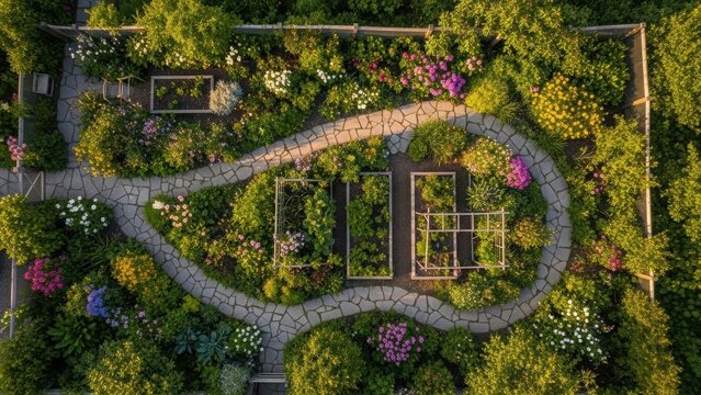 Aerial view of an elaborate backyard garden with winding stone path, raised beds, and vibrant flowering plants for landscape design concept.