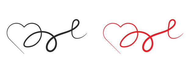Continuous line heart shape with ribbon tail, elegant love symbol vector design in black and red