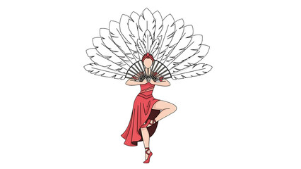 Obraz premium A cartoon woman in a red dress holding a large white feather fan on transparent background