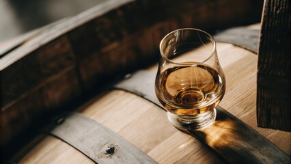 Glass of whiskey on a wooden barrel in a rustic setting