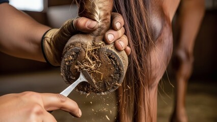 Veterinarian cleaning horse hoof with metal tool in barn for International Hoof Care Week
