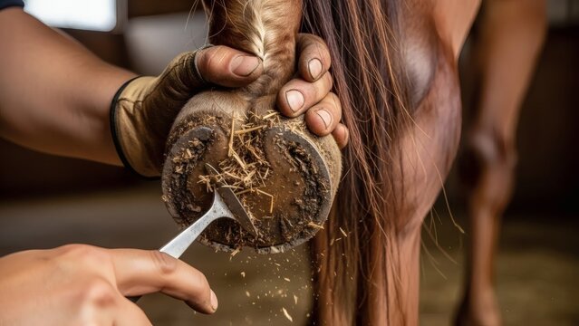 Veterinarian cleaning horse hoof with metal tool in barn for International Hoof Care Week - Powered by Adobe