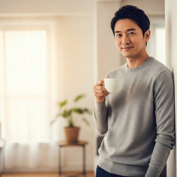 Portrait of a handsome Asian man leaning against a wall in his cozy apartment and drinking from a white coffee mug.