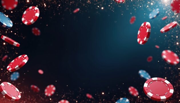 Red and blue poker chips fall against a dark background with golden sparkles. Casino game elements float in space with copy space. Risk, fortune, and chance theme.