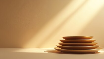 Stack of gold plates in minimalist studio setting. Warm light streams across background. Luxury, elegance, and refined dining are themes evoked by these polished round objects.