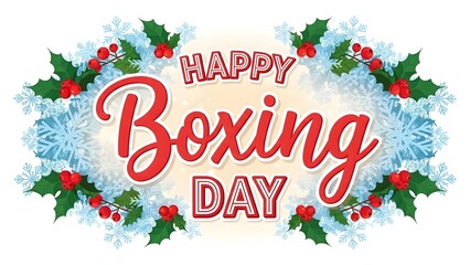 Happy boxing day greeting with holly and snowflakes