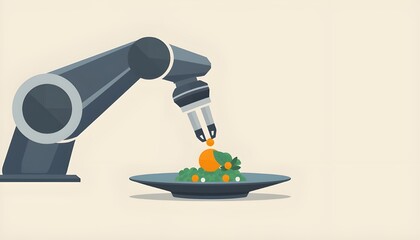 An industrial robotic arm carefully placing a garnish on a plate of food. Concept for kitchen automation, food technology, and precision in the culinary industry.