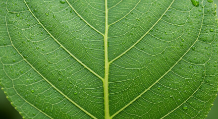 Obraz premium Green Leaf Macro Shot with Water Droplets in Soft Natural Lighting for Botanical Design